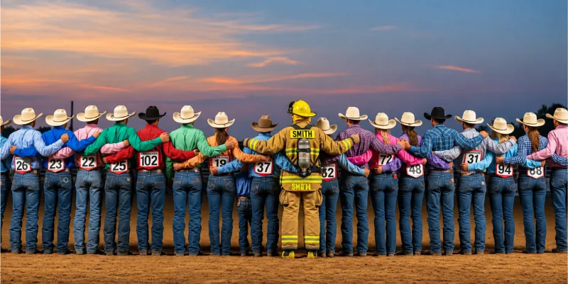 Illustration of rodeo participants standing arm in arm with a firefighter at sunset