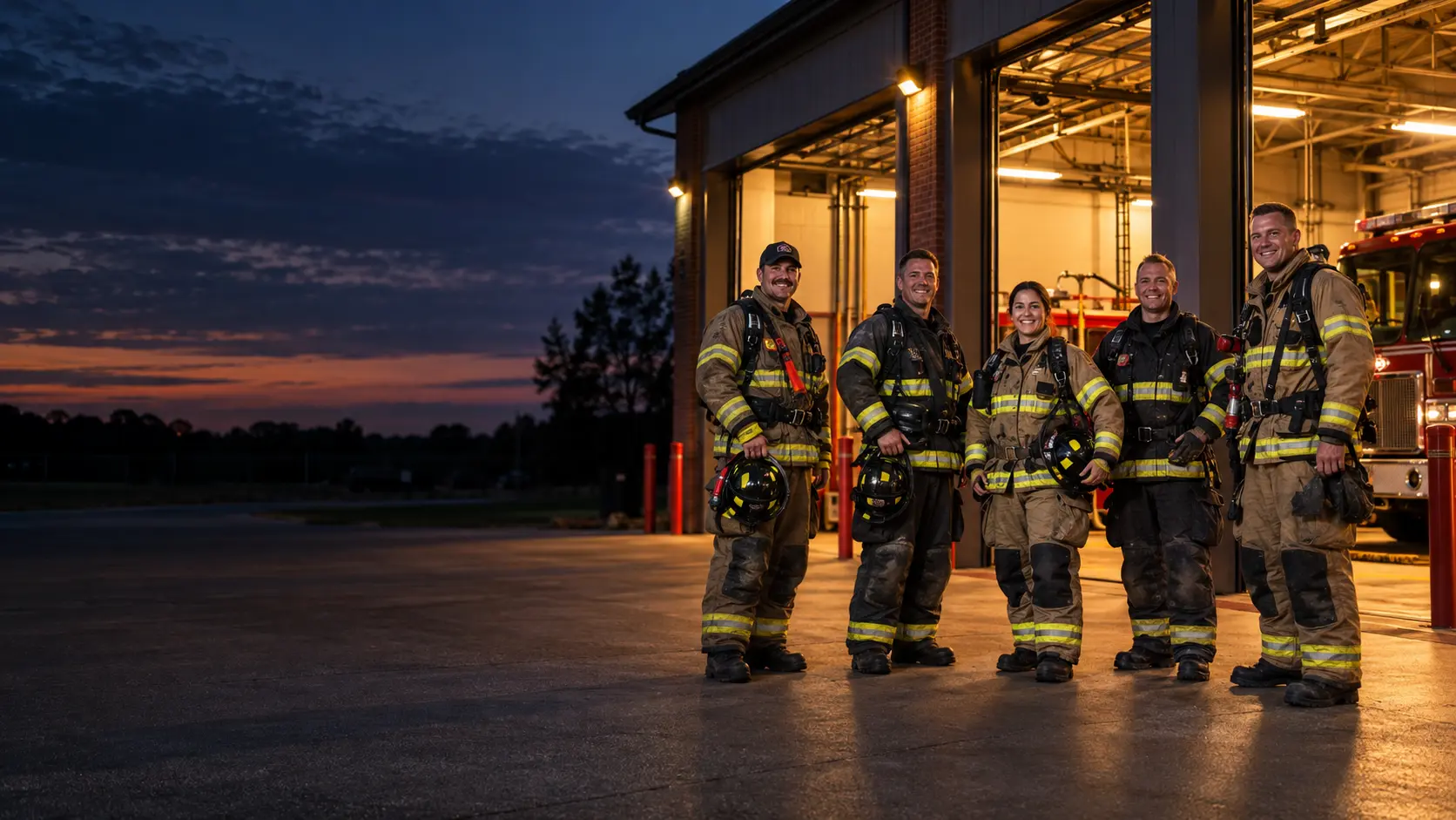 Illustrative firefighters gathered outside a warmly lit fire station at dusk